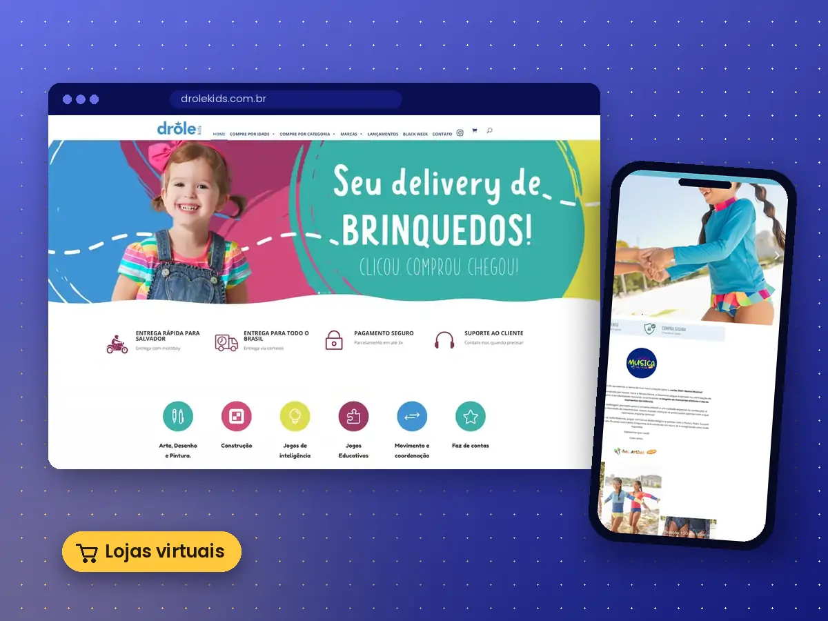 Loja virtual da Drôle Kids no computador e da Salamina Kids no celular, feitas pela Marvin