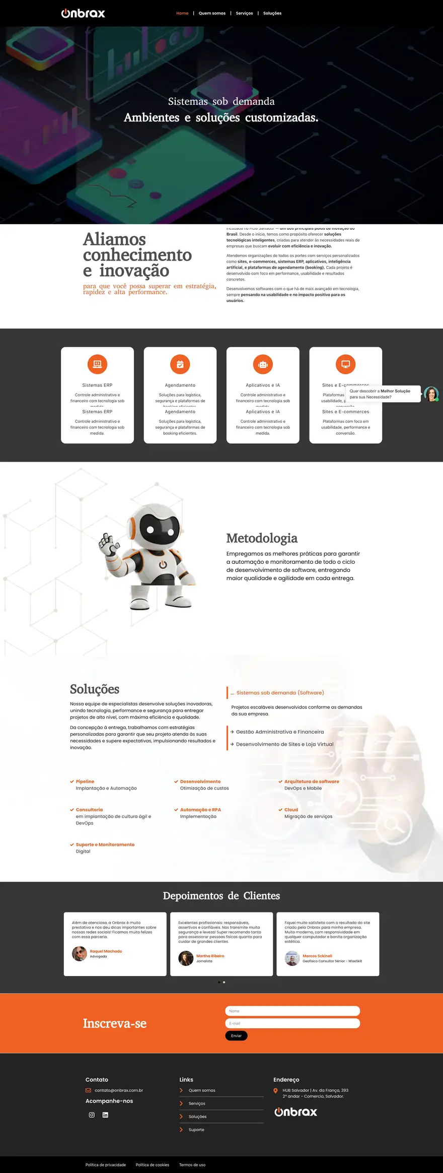 Página inicial do site Onbrax Tecnologia, site institucional para tecnologia e software, desenvolvido pela Marvin
